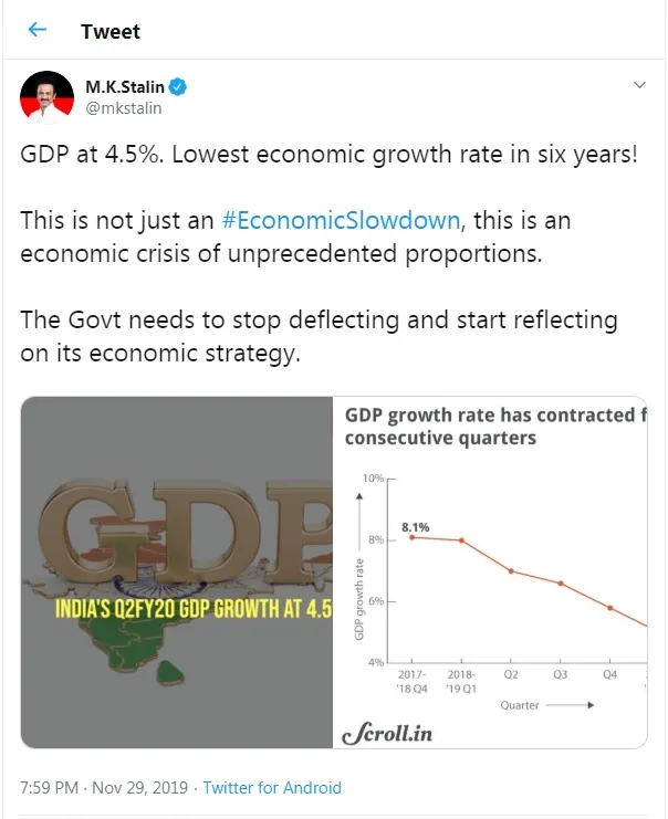india economy quarter 2 gdp down dmk mk stalin tweet  